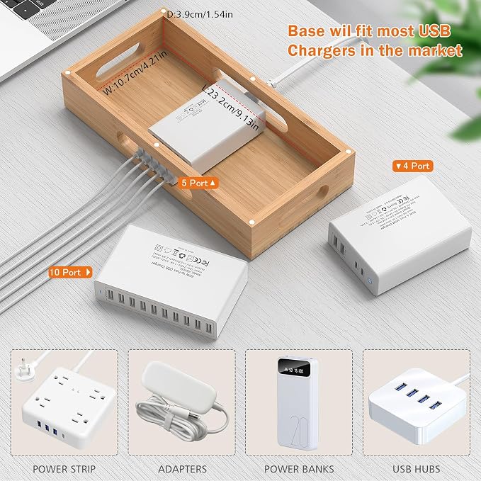 Pezin & Hulin Bamboo Charging Station with 5-Port USB Charger & 5 Cables | 7-Slot Wood Organizer, Magnetic Snap Assembly, Thick Base, Non-Slip Pads, Hidden Cord Box. Ideal for Home Office & Bedside