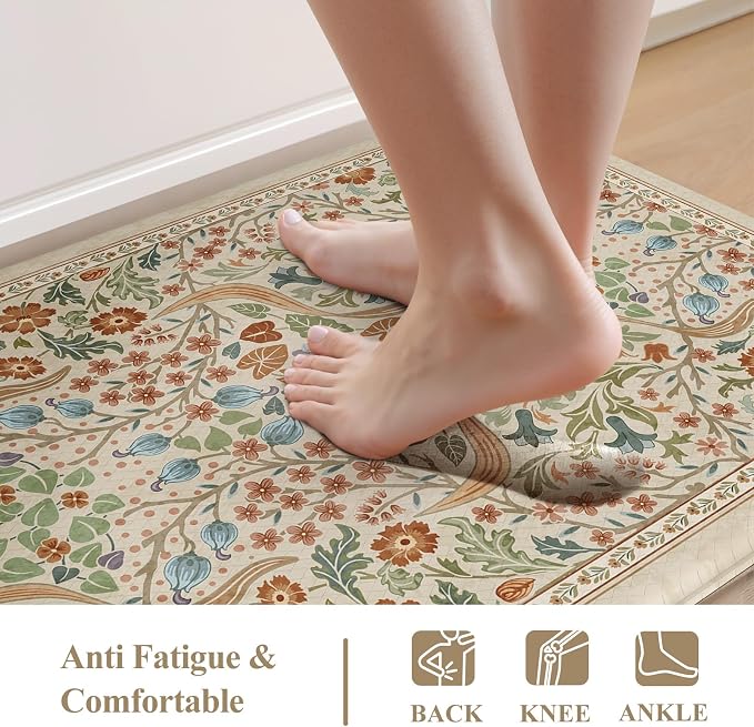 Collive Anti Fatigue Mats for Kitchen Floor, Waterproof Non Skid Kitchen Rugs Sets of 2 Beige Vintage Floral Rug, Foam Comfort Standing Mat for Office, Sink, Laundry