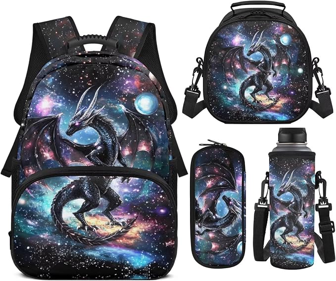 Black Dragon Backpack for Boys Girls Ages 7-10, Starry Night Elementary School Bookbag with Lunch Box 4 PCS Set, 17" H for Kids Back to School Supplies