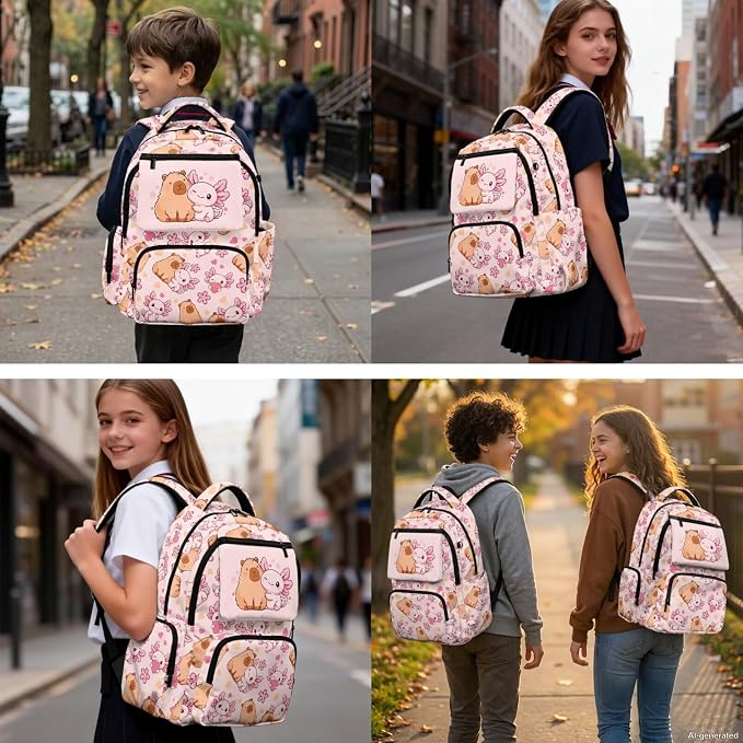 WELLFLYHOM Pink Capybara Axolotl Backpack Set for Girls Ages 8-12 | Full School Set with Insulated Lunch Box, Pencil Case and Water Bottle Holder, Suitable for Elementary and Junior Grades