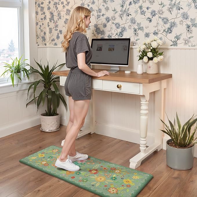 GENIMO Anti Fatigue Kitchen Mats for Floor 2PCS, Cushioned Standing Mats | 17.3"x47"&17.3"x30", Sage Green vintage floral rug set, waterproof, non slip, easy-clean for farmhouse