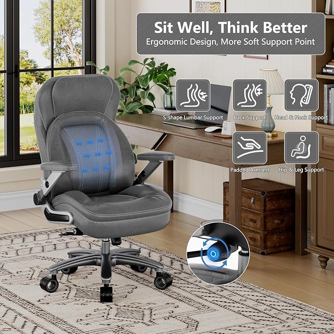 Big and Tall Office Chair, Heavy Duty Desk Chair with 5D Arms, Adjustable Lumbar Support & Height, Tilt Function, PU Leather High Back Ergonomic Executive Computer Chair