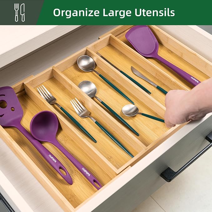 Utoplike Drawer Organizer Kitchen Utensils, Expandable Bamboo Cutlery Tray | Extendable Silverware Holder for Drawer, Flatware Caddy for Organized Kitchen, Apartment and RV, 3-5 Slots