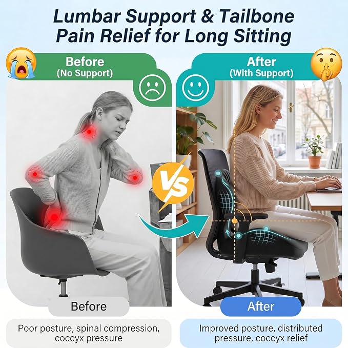 Ergonomic Seat Cushion with Lumbar Support (Black) | Office Chair Seat Cushion, Memory Foam Orthopedic Cushion with Tailbone Hollow, Sciatica & Back Pain Relief for Long Sitting