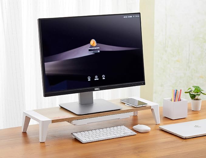 Bostitch Office Wooden Monitor Stand with Wireless Charging Pad, Drawer for Storage, Adjustable Height Riser Includes Removable Non-Skid Rubber Feet - Wood Grain and White (STND-2408WH)