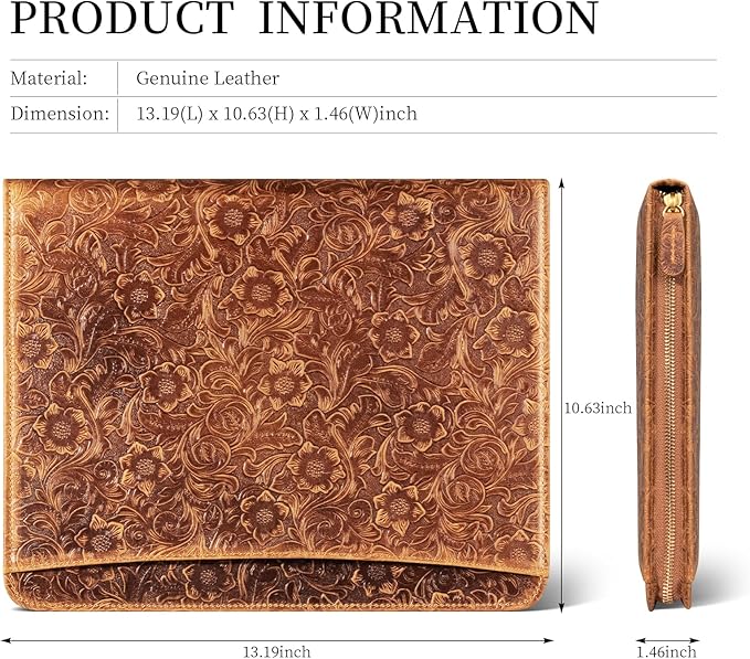 Gexmil Leather Portfolio Organizer for Women Men, Business Padfolio Folder with Zipper, Full Grain Leather,Interview Legal Document File Resume Organizer, A4 Writing Notepad Padfolio, Floral Brown