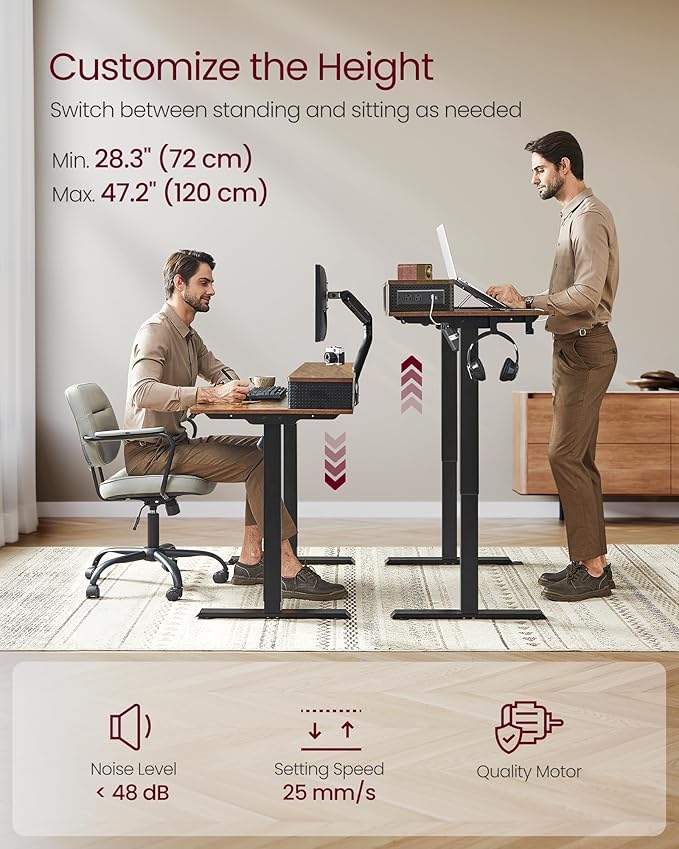 VASAGLE Electric Standing Desk with Drawers, Sit Stand Desk with Built-in Power Strip, Adjustable Height, 55.1 x 23.6 Inches, 2 Hooks, Memory Function, for Home Office, Rustic Brown ULSD184KD01