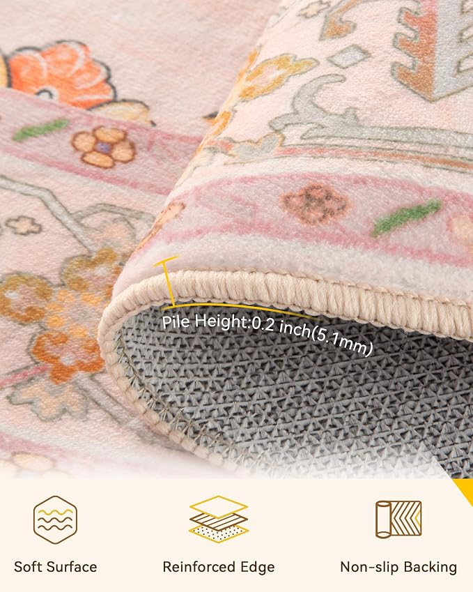 RELEANY Area Rugs Round 4ft Washable Non-Slip, Floral Vintage Distress Medallion Carpet for Living Room Bedroom Dining Room, Light Pink Colorful