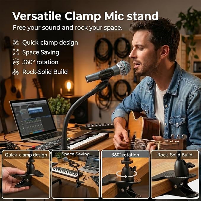 ROCKFREE Microphone Stand with 360° Rotating Base,Heavy-Duty Desk Clamp,8" Flexible Gooseneck Mic Mount,Includes 1/4" to 3/8" & 5/8" Metal Adapters for Shure,Fifine,HyperX,AT2020,Blue Snowball,Razer