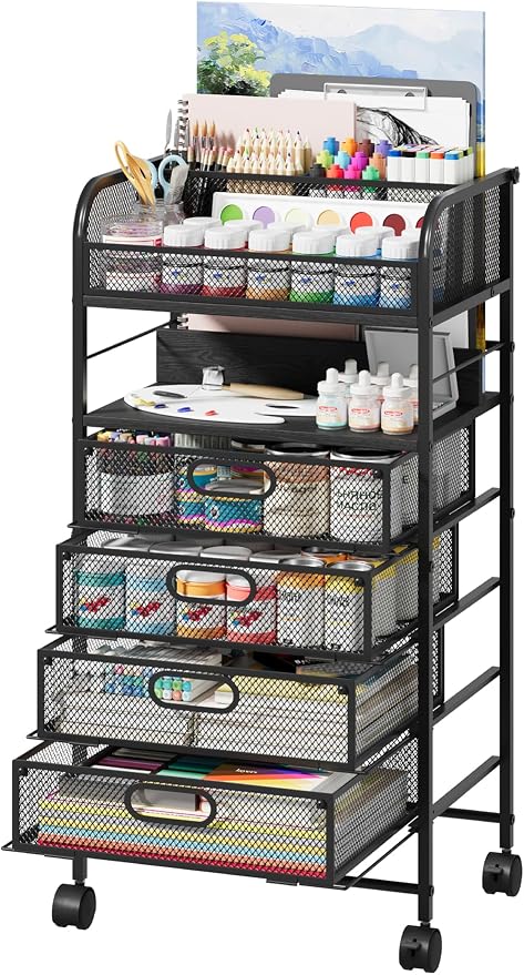 Rolling Art Cart with 4 Drawers, Black | Art Supplies Organizer, 5-Tier Storage, Adjustable Dividers, Anti-Pull Mesh Drawers, Metal Frame, 4 Casters with 2 Locks