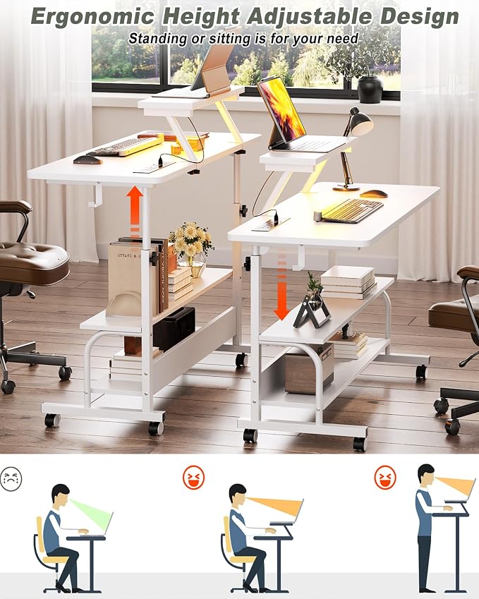 Height Adjustable Standing Desk with Power Outlets and LED Lights - 39" Manual Stand Up Desk with Monitor Stand and Storage Shelves Small Mobile Rolling Computer Desk Portable Laptop Table, White