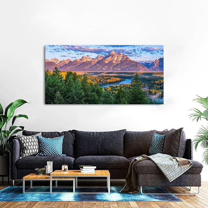 AIYISU Grand Teton Mountain Wall Art Sunset Nature National Park Posters Oxbow Bend Snake River Landscape Wall Decor Wyoming Scenery Painting Artwork for Living Room Office Home Decoration 30x60