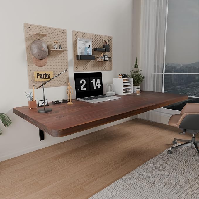 IAE Floating Wall Mounted Folding Table Desk with Pine Wood,48"x22" Folding Workbench,Fold Down wall Mounted Foldable Table with Shelf Brackets,Laundry Folding Table for Apartment,Home,Kitchen,Walnut