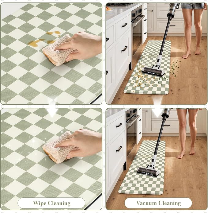 KIMODE Anti Fatigue Kitchen Mats for Floor,Farmhouse Kitchen Rugs Sets of 2 | Cushioned Kitchen Floor Mats, Light Green Standing Desk Mat, Checkered Laundry Room Rugs for Bath Sink Home Summer Decor RV