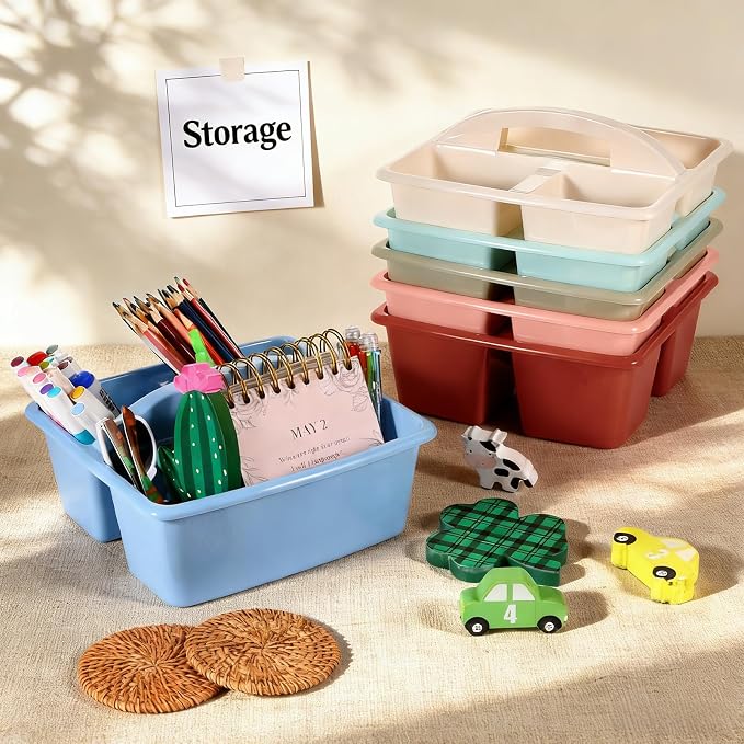6 Pack Classroom Caddy with Handle Plastic Storage Caddy Organizer with 3 Compartments Desk Caddies Holder Portable Storage Bin for Pencil, Crayon, Marker, Home, Office, School Supply(Morandi Colors)