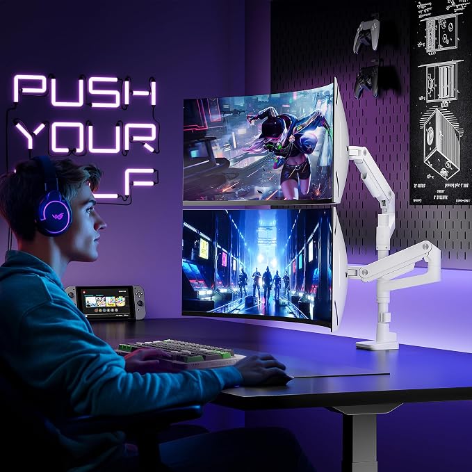 Dual Monitor Arm Desk Mount for 17-49 Inch Monitors, White | Heavy Duty Monitor Mount Stacked Monitor Arm Desk Holds 44 lbs