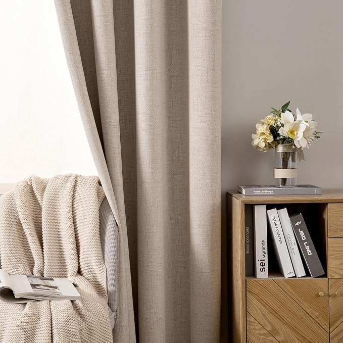 MIULEE Linen Textured Curtains for Bedroom Solid 100% Blackout Thermal Insulated Natural Beige Grommet Room Darkening Curtains & Drapes Luxury Decor for Living Room 52 x 48 Inch (2 Panels)