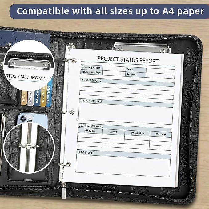 Zippered Padfolio with 3-Ring Binder & Clipboard, PU Leather Portfolio Organizer for Men Women, A4 Document Holder with Phone Pocket Pen Loops Card Slots, Professional Business Interview Folder Black