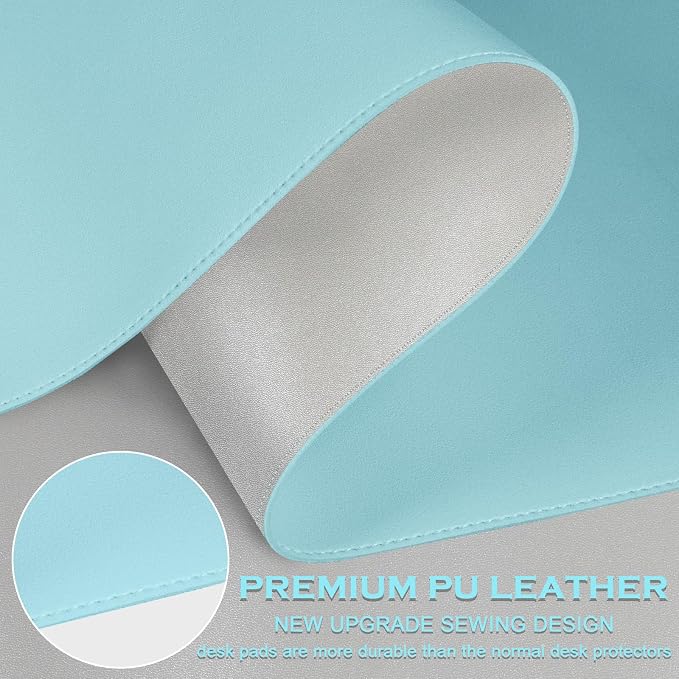 Bleswin Double-Sided Desk Mat, 23.6''×13.8'', PU Leather Mouse Pad, Waterproof Desk Pad, Laptop Leather Desk Mat, Protector for Keyboard and Mouse for Office and Home (Blue+Slivery)