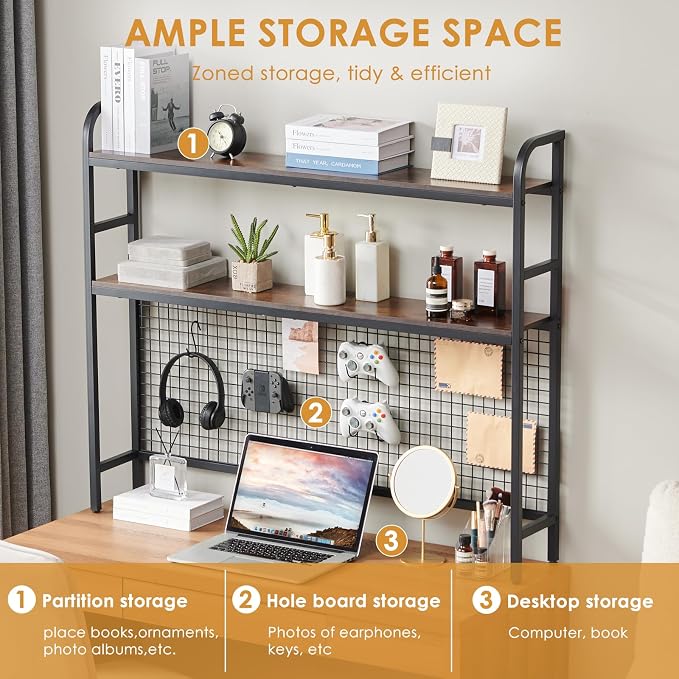Desk Shelf, 45.3” Desktop Organizer Shelf with Grid Panel and Hooks, Desk Hutch for Computer Monitor, 2 Tier Desk Display Rack Wood Desktop Bookshelf Storage for Home Office Dorm