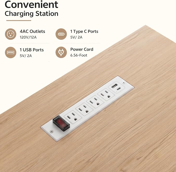 75.5'' Electric Standing Desk with Drawers, Farmhouse Height Adjustable Corner Desk, Sit Stand Office Desk with 4 AC Outlets & Type C Port, Executive Computer Desk, Natural