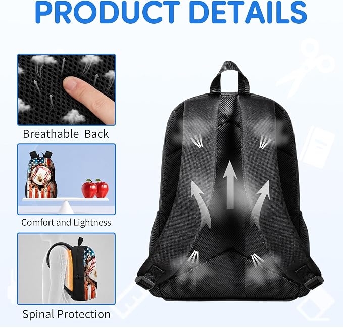 3PCS Baseball Print Backpack for Boys Girls Teens, School Backpack with Lunch Box Pencil Case for Elementary Middle High Students, 17 Inch Lightweight Bookpack 3 in 1 Set Back to Shool Gifts for Kids