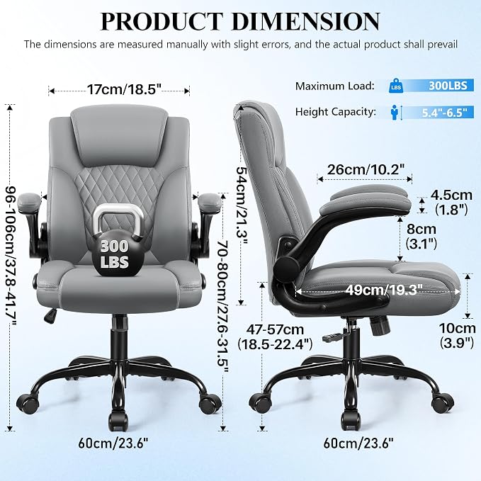 Ergonomic Office Chair, Adjustable Leather Computer Chair with Flip-Up Armrests & Lumbar Support, 275 lbs Capacity, 360° Swivel Task Chair for Home Office, Gray