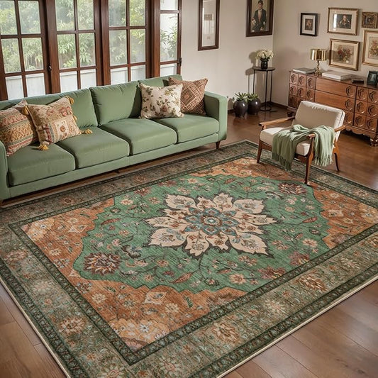 Tangsoo 6x9 Area Rug Washable Rugs for Living Room, Vintage Rug Indoor Non Slip Large Area Rugs, Print Carpet, Soft Low Pile Foldable Floor Rug for Bedroom Dining Room Dorm Tan/Green