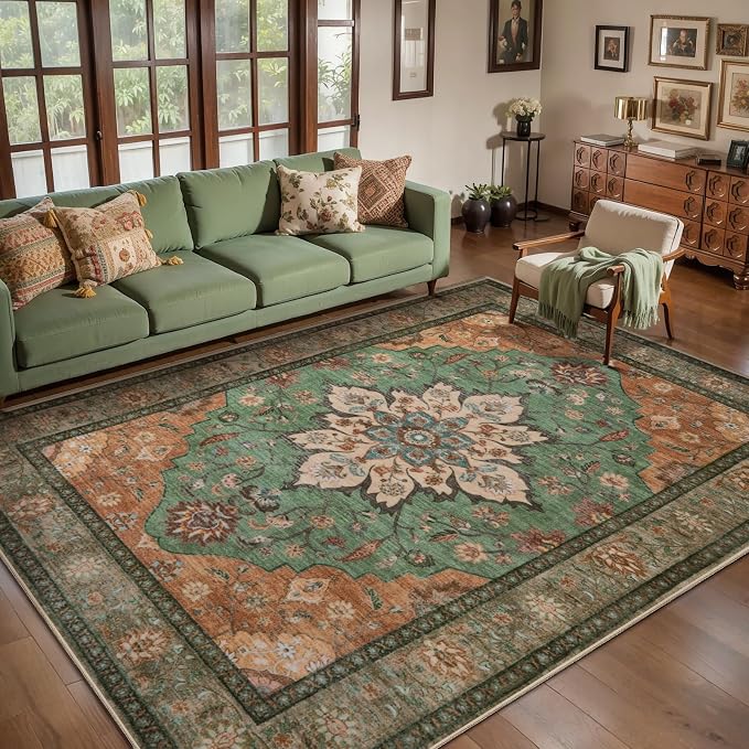 Tangsoo 5x7 Area Rug Washable Rugs for Living Room, Vintage Rug Indoor Non Slip Large Area Rugs, Print Carpet, Soft Low Pile Foldable Floor Rug for Bedroom Dining Room Dorm Burnt Orange Green
