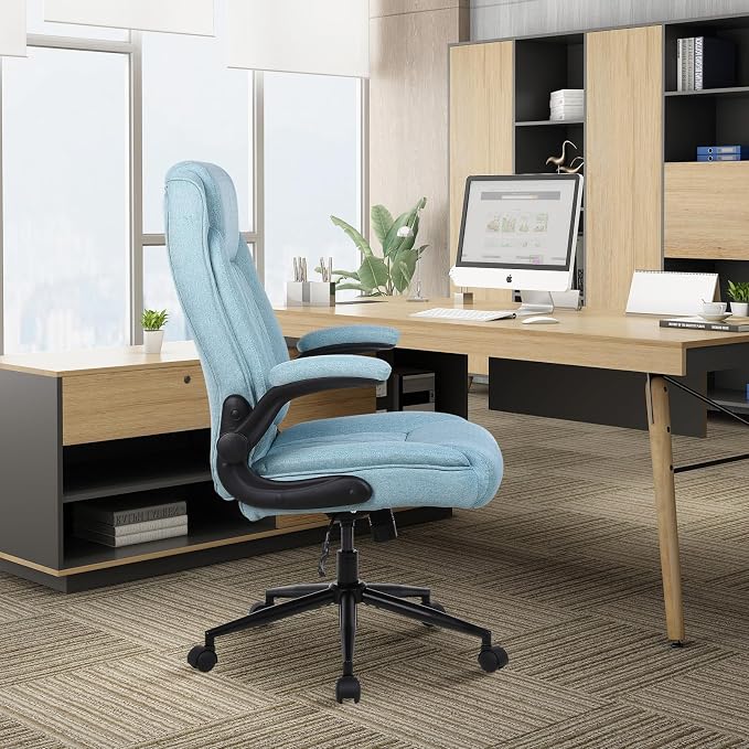 ralex-chair Big and Tall Office Chair -500 lb Office Chair for Big Man, Fabric High Back Office Desk Chair with 120° Tilt Rock,Computer Desk Chair with flip up arm - Light Blue
