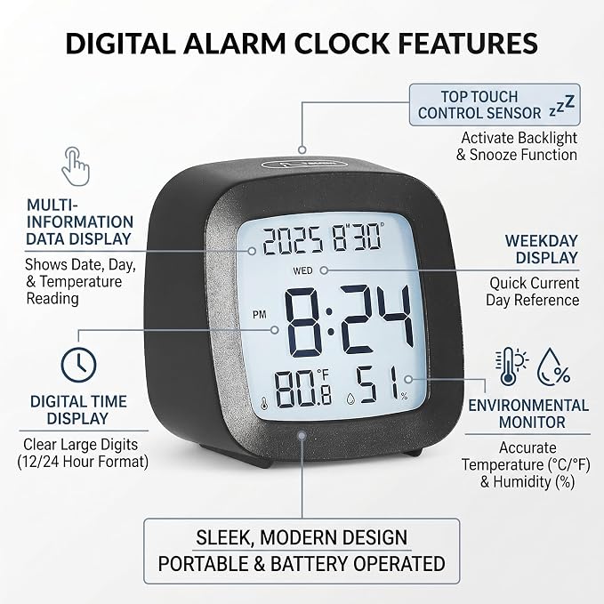 Digital Alarm Clock with Backlight, Snooze, Temp & Humidity Display,Black | Time, Date & Weekday Temperature & Humidity Touch Backlight 5-Minute Snooze,Battery Operation Long Battery Life