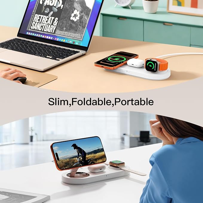 15W • Metals • Travel Ready,Magnetic 3 in 1 Wireless Charging Station,for iPhone17-12,Fast 5W Charger for Apple Watch AirPods,Foldable Stand MagSafe Charger Dock for Nightstand Desk Travel