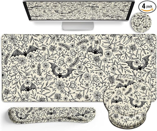 LIMKRIAN Goth Bat Mouse Pad Set Large Desk Mat for Desktop, Ergonomic Mouse Pad with Wrist Rest for Gaming, Keyboard Mat Wrist Support Cup Coaster Set, Gothic Office Desk Accessories Decor Supplies