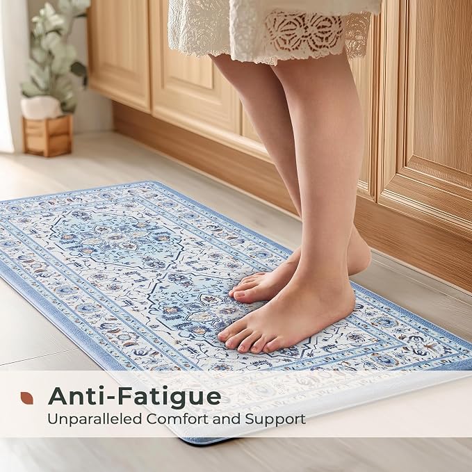FRESHMINT Medallion Kitchen Mat Set 2 Piece, 17x30''+17x47'', Light Blue | Anti-Fatigue, Non Slip, Comfort, Kitchen Decor, Easy to Clean, Waterproof, Perfect for Kitchen, Laundry, Office