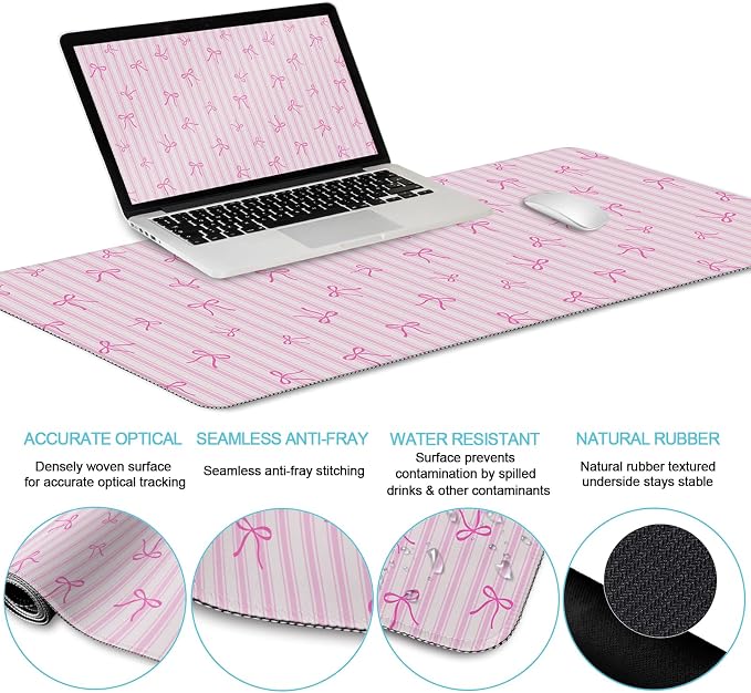 LIMKRIAN Pink Striped Mouse Pad with Wrist Rest Desk Mat Set for Keyboard | Non-Slip PU Base, Stitched Edges, Gel Wrist Rest Eases Pain, Smooth Surface, 35.4x15.7in, Office/Gaming/Home Pink Desk Decor