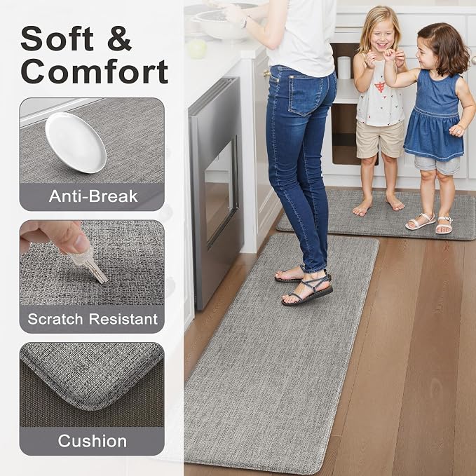 Collive Kitchen Mats Cushioned Anti Fatigue, Modern Abstrac Waterproof Kitchens Floor Mat Non Slip Sink Rug 2 Piece, Comfort Desk Standing Rugs for Office, Laundry, 17"x29"+17"x47", Light Grey