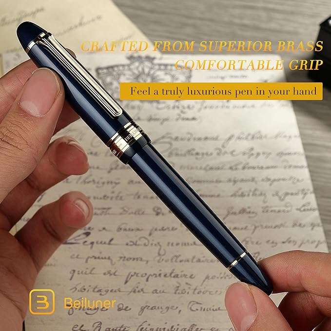 BEILUNER 319 Piano Blue Lacquer Rollerball - Stunning Luxury Pen with 24K Gold, Heavy, Schneider Black Ink Refill, Best Gift Set for Men & Women, Professional, Executive Office, Fancy Classic Pens