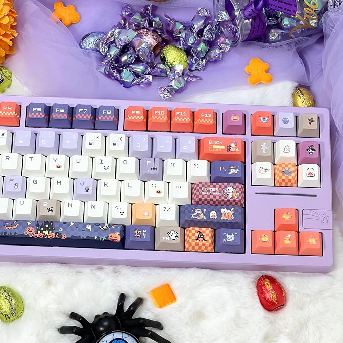 Cute Keycaps, Cherry Profile PBT Keycaps 130 Keys Dye-Sublimation Custom Keycap Set for 61/64/68/84/87/100/104/108 Cherry Gateron MX Switches Gaming Mechanical Keyboard Halloween Themed