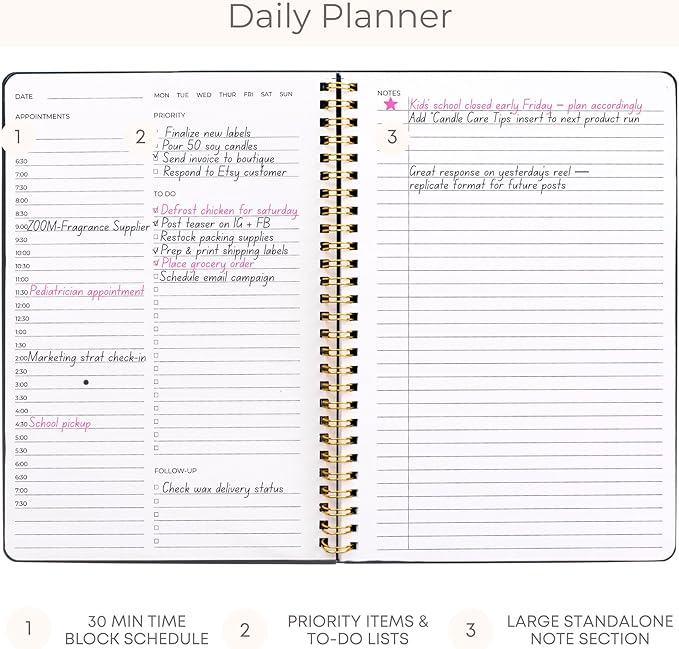 BLU MONACO | Grey Hourly Daily Planner 80 Days Undated | Daily Planner 2025-2026 Hourly Schedule | Spiral Botanical Business Work Organizer Notebook with Notes Section