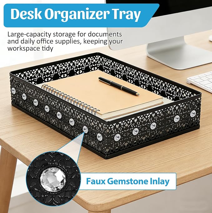 Desk Paper Tray Organizer, Metal Mesh Storage Basket for Office Home | Desktop Decorate Trays Organizing, Large Storage Basket for Office Supplies Mail File Print A4 Paper, Black, Pattern 2#