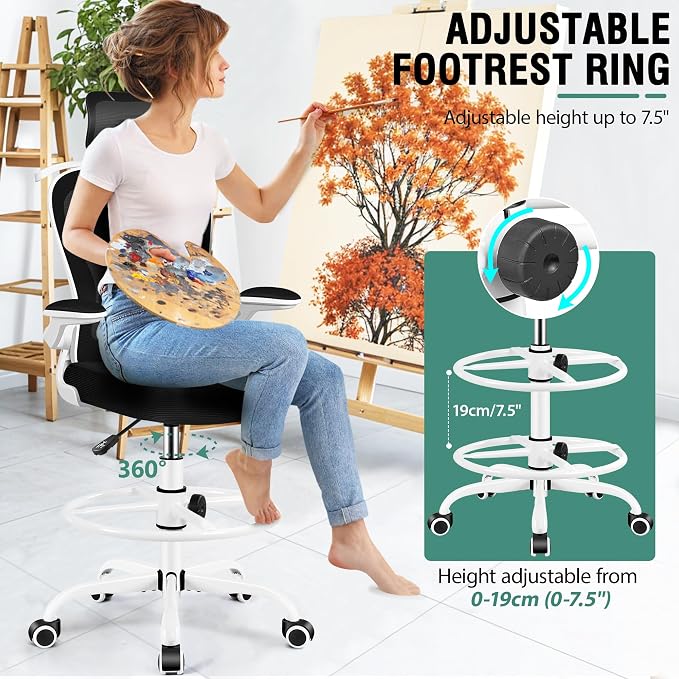AtHope Drafting Chair, Tall Office Chair with 3D Lumbar & Head Support | Ergonomic Mesh Standing Desk Chair with Footrest Ring, Comfy Extended High Desk Chair with Flip-Up Arms & Hanger, White