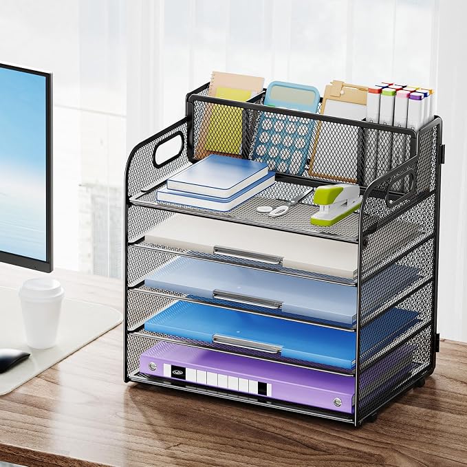 Marbrasse Paper Organizer, Mesh Desk Letter Tray with 3 Pen Holders,Black | Paper Sorter Desk Organizer for Letter/A4 Office File Folder Holder Home Office Supplies