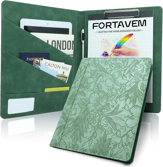 Professional Portfolio Binder, Faux Leather Padfolio for Resume, Note-Taking & Meetings, A4 Letter Writing Pad Holder for Women & Men (Green)