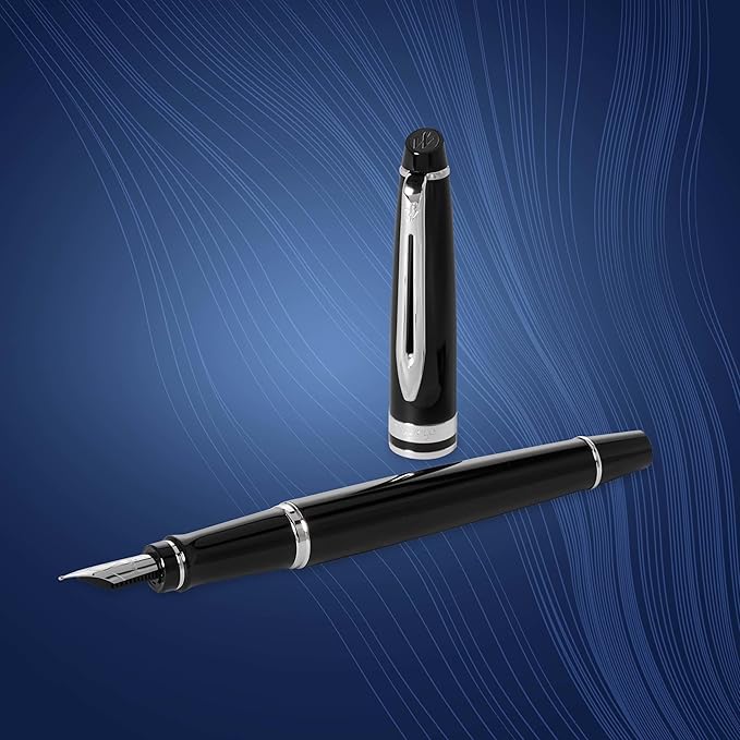 Waterman Expert Fountain Pen, Gloss Black with Chrome Trim, Medium Nib with Blue Ink Cartridge, Gift Box