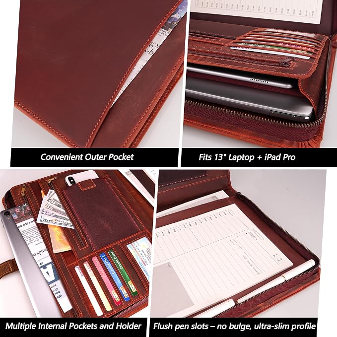 JinRuiKJ Full Grain Leather Portfolio with Zipper, Professional Business Organizer for Men Women, Executive Resume Folder with A4 Notepad Holder, Card Slots, Pen Loop, 10x13'', Luxury Gift Set (Red)