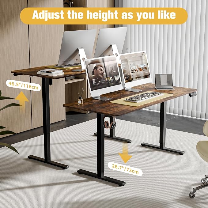 63"x28" Standing Desk, Height Adjustable Sit-Stand Home Office, Brown | Electric Adjustable Standing Desk, Sit to Stand Computer Office Desk with Splice Board, Memory Preset, Lifts 28.7''-46.5"