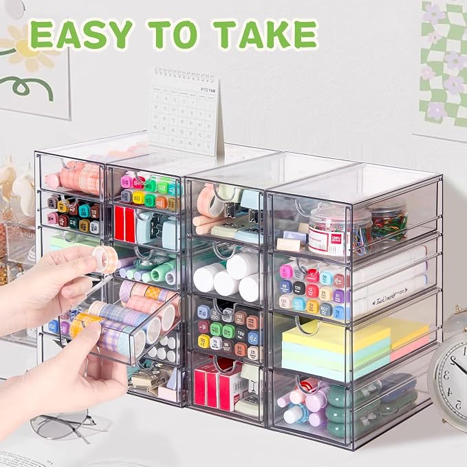 VZKAH Clear Acrylic Desk Organizer with 20 Drawers, 4 Modular Units | 4-piece clear drawer set for office supplies, crafts, makeup, and small daily items on desks, vanities, counters