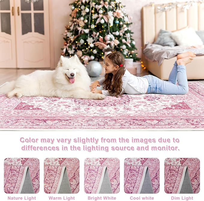 Macgace Bright Pink Area Rug for Living Room, 8x10 Machine Washable Rugs with Non-Slip Backing for Girls Bedroom, Large Vintage Carpet for Kitchen Laundry Kids Room