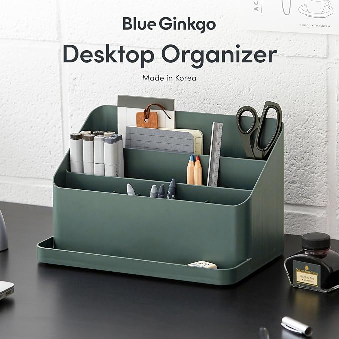 BLUE GINKGO Desk Organizer, Office Supplies, Green, Made in Korea | Multi-Compartment. Adjustable. Everyday Storage.