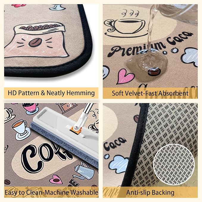 Voanos Coffee Kitchen Rugs,Non Skid Washable Microfiber mats for Kitchen Floor,Coffee Theme Kitchen Cushioned Runner Rug Decor Sets of 2 Pieces,17"x 47"+17"x 30"